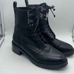 Napoleoni EU 38 Black Leather Made In Italy Combat Boots Lace Up Block Heel Zip